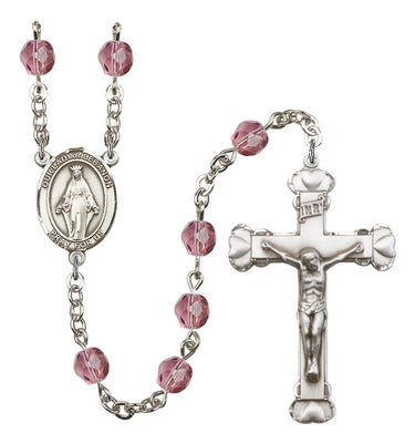 Rhodium-plated Our Lady of Lebanon birthstone rosary with 6mm beads hand-assembled in USA by RosaryCard