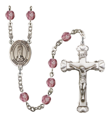 Silver tone Our Lady of Kibeho Catholic rosary with personalized birthstone beads, five-decade prayer beads, hand-assembled in USA by Bliss Manufacturing
