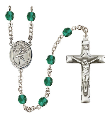 Silver plated St. Sebastian rosary with 6mm fire polished zircon December birthstone beads handcrafted by Bliss USA