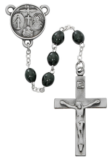 Black wood Lord's Prayer rosary with 7x8mm oval wood beads and silver-tone pewter crucifix engraved with the Lord's Prayer on the back