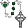 8mm green glass shamrock rosary with silver oxidized Celtic cross crucifix and green enameled Claddagh centerpiece in deluxe gift box