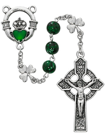 8mm green glass shamrock rosary with silver oxidized Celtic cross crucifix and green enameled Claddagh centerpiece in deluxe gift box