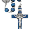 8mm blue wood St. Benedict rosary with blue enameled pewter crucifix and pewter center medal in deluxe gift box