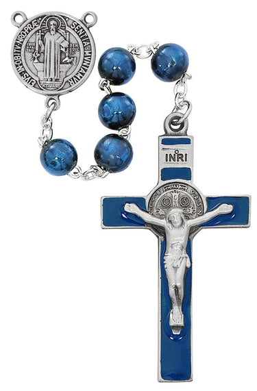 8mm blue wood St. Benedict rosary with blue enameled pewter crucifix and pewter center medal in deluxe gift box