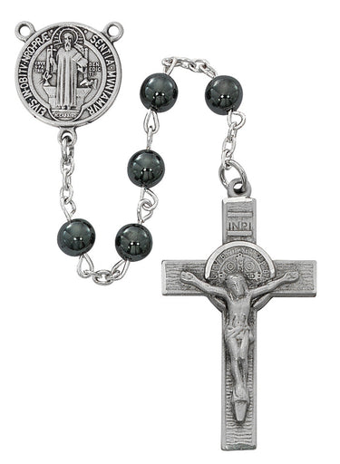 7mm genuine hematite St. Benedict rosary with pewter crucifix and St. Benedict center medal in deluxe gift box