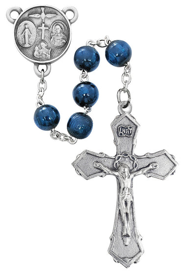 8mm blue wood bead rosary with pewter crucifix and pewter center medal displayed against a white background
