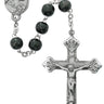 8mm black wood rosary with pewter crucifix and pewter center medal, 18 inches long, made in USA, shown in deluxe gift box