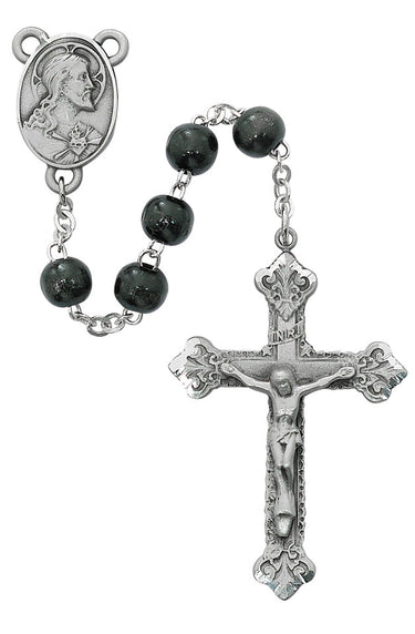 8mm black wood rosary with pewter crucifix and pewter center medal, 18 inches long, made in USA, shown in deluxe gift box