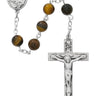 6mm genuine tiger eye rosary with sterling silver center piece and crucifix displayed against white background