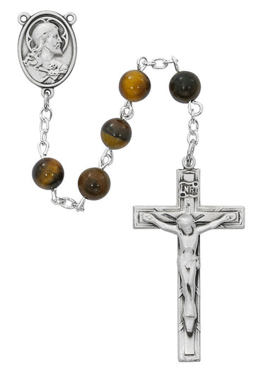 6mm genuine tiger eye rosary with sterling silver center piece and crucifix displayed against white background