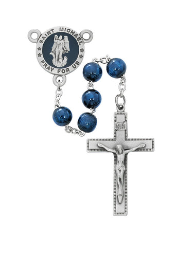 8mm blue wood bead St. Michael rosary with pewter and blue epoxy centerpiece and matching crucifix made in USA