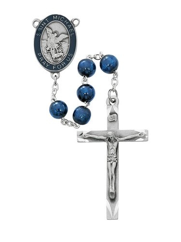 8mm blue wood St. Michael rosary with blue epoxy pewter centerpiece and matching crucifix made in USA