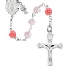 Pink crystal communion rosary for girls with rhodium Miraculous Medal center
