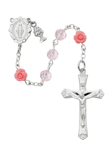 Pink crystal communion rosary for girls with rhodium Miraculous Medal center