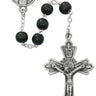 8mm round black wood rosary with pewter crucifix and pewter center medal displayed on a white background