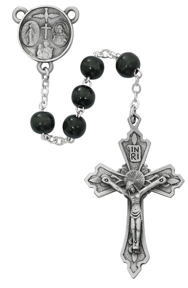 8mm round black wood rosary with pewter crucifix and pewter center medal displayed on a white background