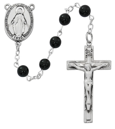 Deluxe black onyx Miraculous Medal rosary with pewter crucifix and pewter center piece displayed against a white background