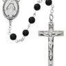 Black onyx Miraculous Medal rosary with sterling silver crucifix and center medal shown against white background