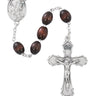 6x8mm brown wood rosary made in Italy with zinc crucifix and center piece shown against a white background