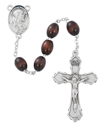 6x8mm brown wood rosary made in Italy with zinc crucifix and center piece shown against a white background