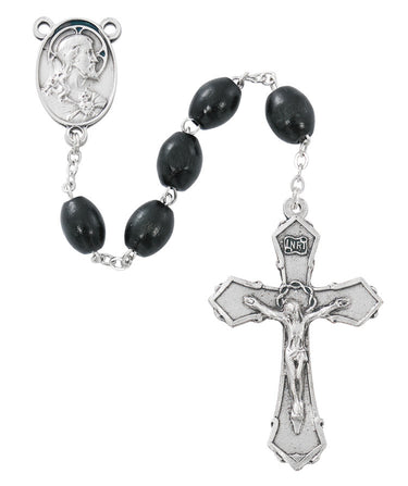 6x8mm black wood rosary made in Italy with zinc crucifix and center piece displayed against a white background