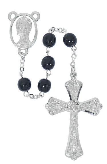 7mm black glass bead rosary with rhodium-plated crucifix and center medal displayed against a white background