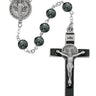 8mm hematite St. Benedict rosary with pewter center piece and black epoxy crucifix displayed against a neutral background