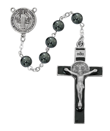 8mm hematite St. Benedict rosary with pewter center piece and black epoxy crucifix displayed against a neutral background