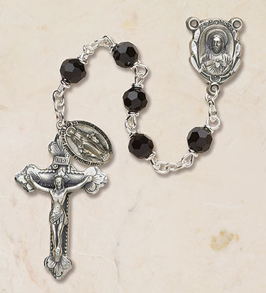 Sterling silver Catholic rosary with 6mm jet black Austrian crystal beads and crucifix from Creed Vienna Collection