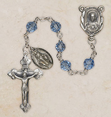 Sterling silver Catholic rosary with 6mm cielo blue Austrian crystal beads and crucifix from Creed Vienna Collection