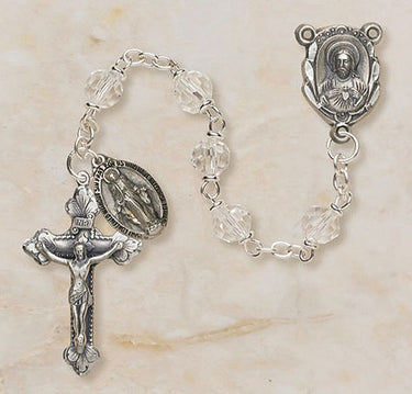 Sterling silver Catholic rosary with 6mm clear Austrian crystal beads and crucifix from Creed Vienna Collection