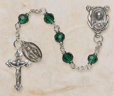 Sterling silver Catholic rosary with 6mm emerald green Austrian crystal beads and crucifix from Creed Vienna Collection