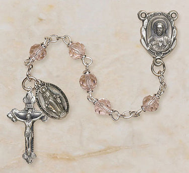 Sterling silver Catholic rosary with 6mm rose Austrian crystal beads and crucifix from Creed Vienna Collection