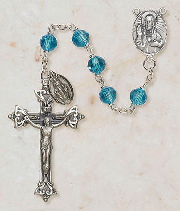 Sterling Silver Aqua Austrian Crystal Catholic Rosary with 6mm Beads - Vienna Collection by Creed