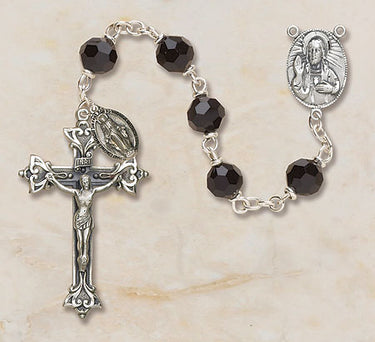 Sterling silver rosary with 6mm jet black Austrian crystal beads and 1.75 inch crucifix in gift box