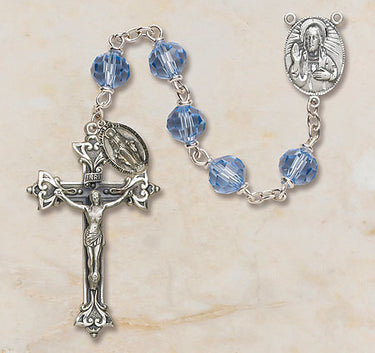 Sterling silver sky blue crystal Catholic rosary with 6mm Austrian crystal beads and oxidized crucifix