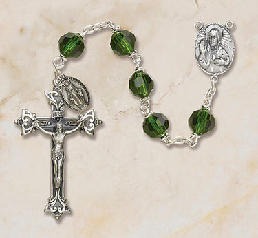 Sterling silver emerald green crystal Catholic rosary with 6mm Austrian crystal beads and oxidized crucifix