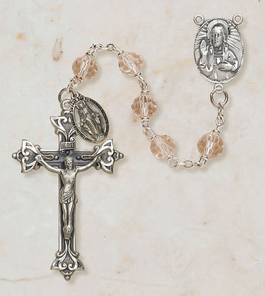 Sterling silver rosary with 6mm rose Austrian crystal beads and 1.75 inch crucifix in gift box