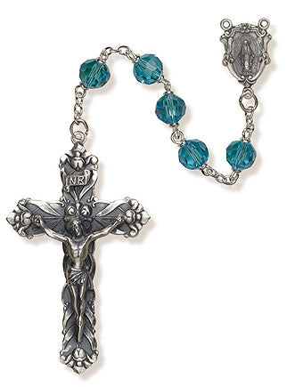 Sterling Silver Catholic Rosary with 6mm Aqua Blue Austrian Crystal Beads and 1.75 inch Crucifix by Creed
