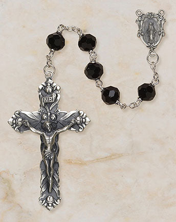 Sterling Silver Catholic Rosary with 6mm Black Austrian Crystal Beads and 1.75 inch Crucifix by Creed