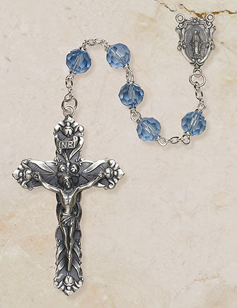 Sterling Silver Catholic Rosary with 6mm Cielo Blue Austrian Crystal Beads and 1.75 inch Crucifix by Creed