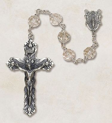 Sterling silver Crystal Vienna Collection Catholic rosary with 6mm clear Austrian crystal beads and oxidized crucifix by Creed