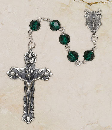 Sterling silver Emerald Vienna Collection Catholic rosary with 6mm emerald green Austrian crystal beads and oxidized crucifix by Creed