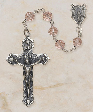 Sterling silver Rose Vienna rosary with 6mm rose Austrian crystal beads and 1¾ inch oxidized crucifix by Creed
