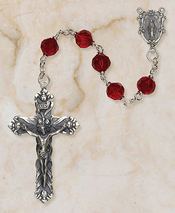 Sterling Silver Ruby Crystal Catholic Rosary with 6mm Austrian Crystal Beads and 1.75 inch Crucifix by Creed