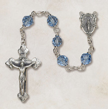 Sterling silver cielo sky blue crystal rosary with 6mm Austrian beads and 1.75 inch crucifix Vienna Collection