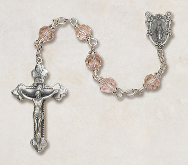 Sterling silver rose pink crystal rosary with 6mm Austrian beads and 1.75 inch crucifix Vienna Collection