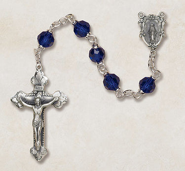 Sterling silver sapphire blue crystal rosary with 6mm Austrian beads and 1.75 inch crucifix Vienna Collection