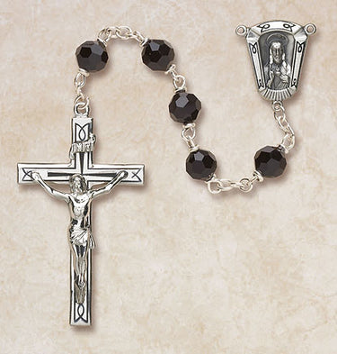 Sterling Silver Black Crystal Catholic Rosary with 6mm Austrian Beads Vienna Collection by Creed