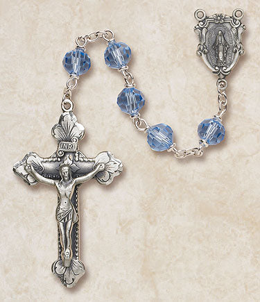 Sterling silver blue crystal Catholic rosary with 6mm Austrian crystal beads and elegant crucifix by RosaryCard